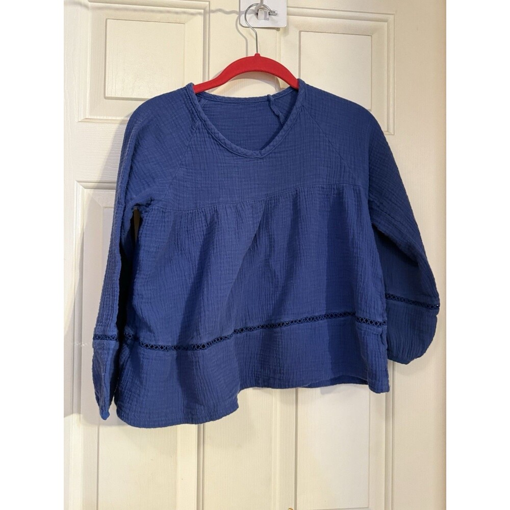 Girls 10Y Gauze Cotton Blouse Top Navy Lace Trim Long Sleeve (10-11Y XL)